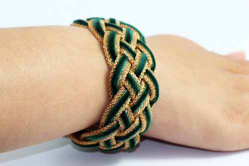 Pulsera Casual Moda Dorada Y Verde Entrelazado Pc109