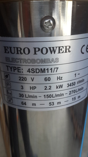 Bomba Sumergible, Marca Europower, 3 Hp, 220 V.