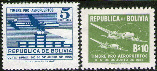 Bolivia Serie Aérea X 2 Timbre Pro Aeropuertos 1955 = Avión