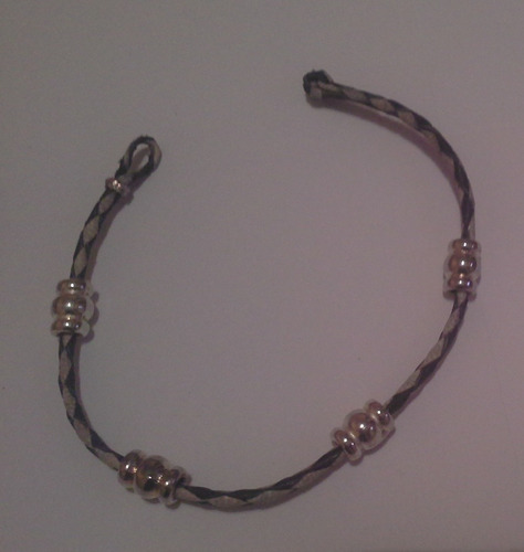 Pulsera Cuero Crudo Combinada Negro Con Bolitas Metal