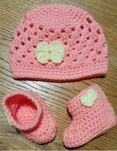 Conjunto De Gorro Y Escarpines En Crochet Bebé De 3-6 Meses