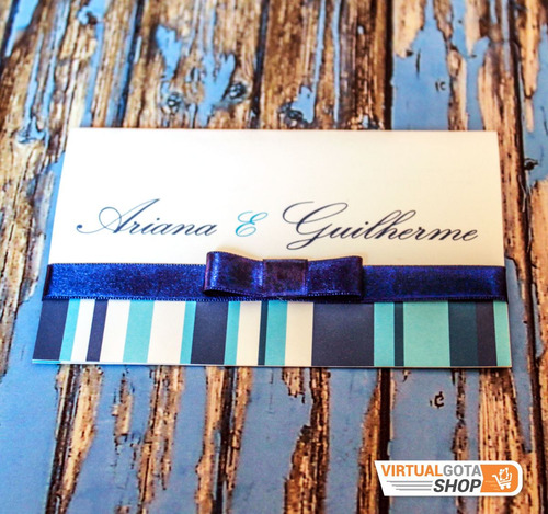 Imagem 5 de 6 de 100 Convites De Casamento Azul Royal Com Listras Com Tag