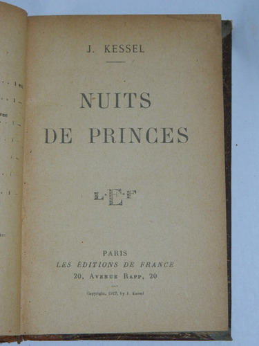 Nuits De Princes. J. Kessel. Les Èditions De France.