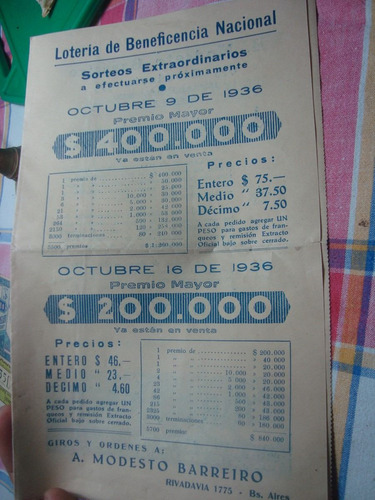 Loteria De Beneficencia Nacional 9/10/36 (c2)