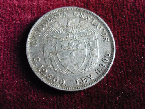 Moneda Colombia 1923 50 Ctvos. En Plata 900 12,5 Gr Buena