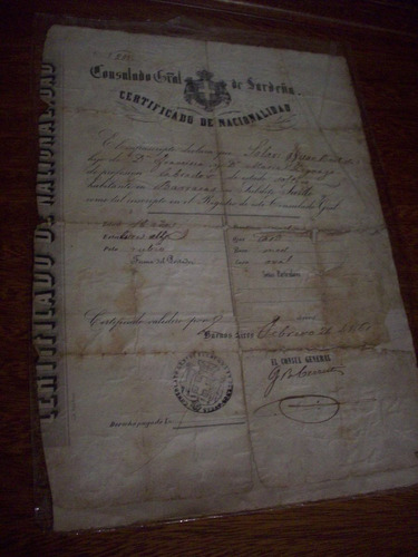 Antiguo Documento-certificado De Nacionalidad 1861(s.martin)