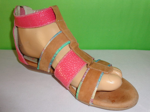 Viamo Sandalias Nº 36 Color Cuero Marrón Rosa,verde