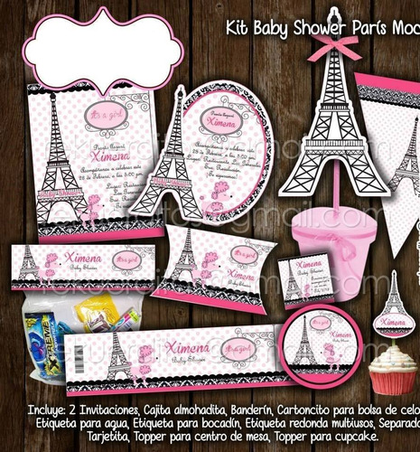 Kit Imprimible Paris Rosa Baby Torre Eiffel Mesa De Postres