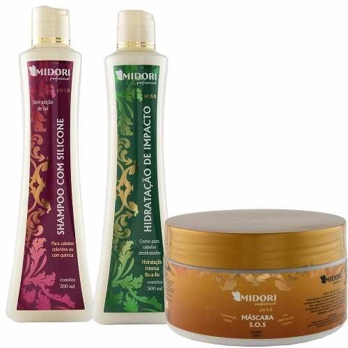 Kit Shampoo Silicone, Hidratação, Máscara Sos - Midori