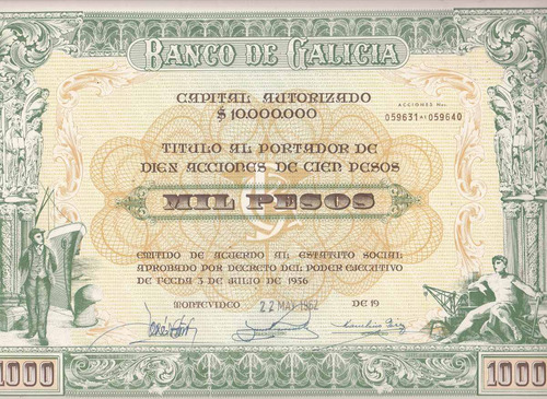 1962 Banco De Galicia Uruguay Titulo Portador 1000 Vintage