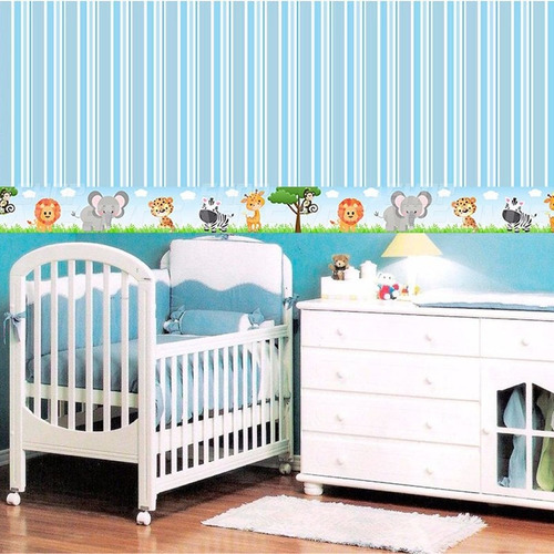Imagem 2 de 2 de Faixa Adesiva Decorativa Border Quarto Bebê Safari Azul 6 M