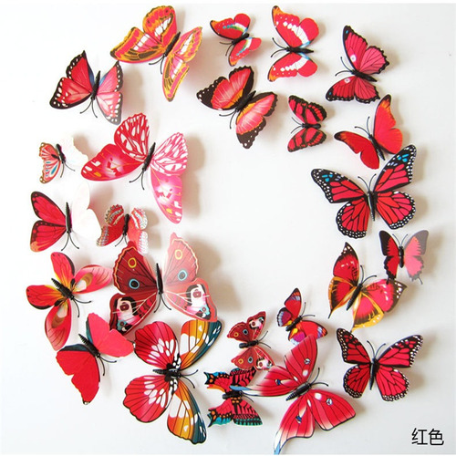 Set 12pc Mariposas Color Rojo Imanes Stickers Casa Pared