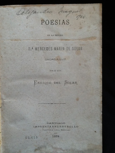 Poesías De Mercedes Marín De Solar - Enrique Del Solar -1874