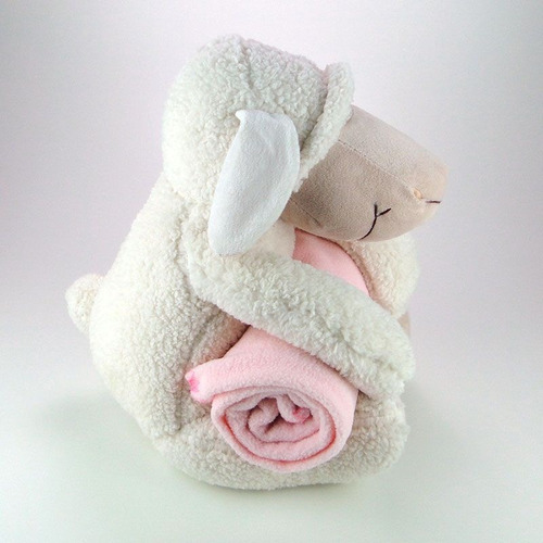 Ovelha De Pelúcia Com Mantinha Rosa Grande