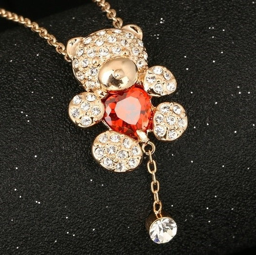 Imagen 4 de 8 de Collar Oso Corazon Rojo Baño Oro 18k Cristales Genuinos