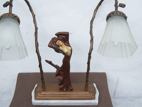H* Antigua Lámpara Figura Art Decó Petitbronce Mármol 2 Luz