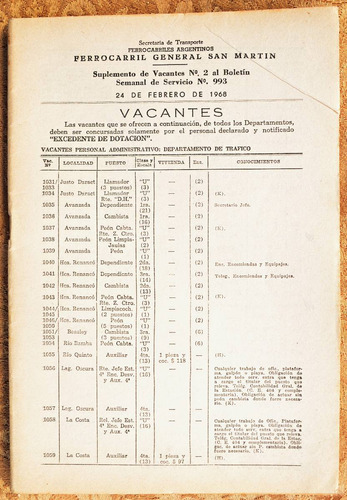 Libro Antiguo Suplementovacantes Ferrocarril San Martín 1968