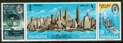 Sharjah Tríptico X3 Sellos Mint Exposición New York Año 1964