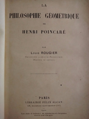 Philosophie Geometrique Poincare  Louis Rougier 1920 Frances