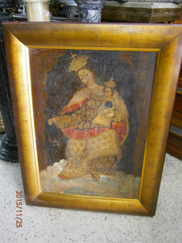 Cuadro Virgen Con Niño Oleo Sobre Madera Antiguo