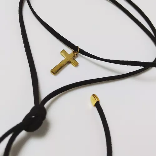 Colar gargantilha choker cruz couro camurça preto