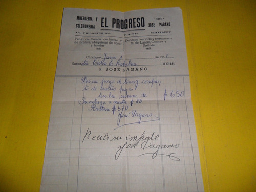 El Progreso Jose Pagano Muebleria Colchoneria Boleta 1948