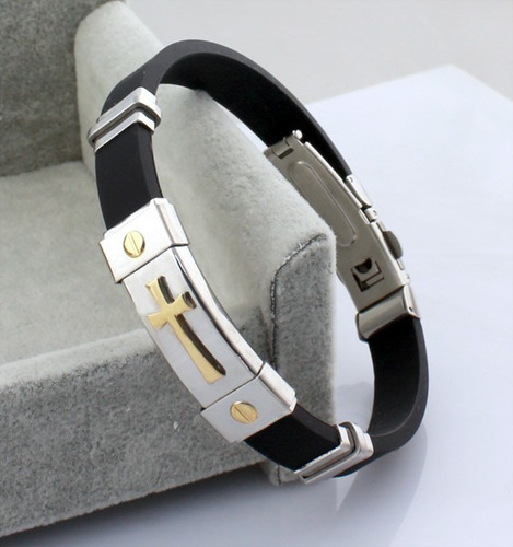 Pulseira Masculina Aço 316l, Cruz Banhada Ouro 18k