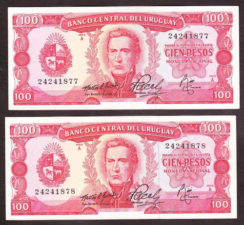 Bcu Par Billetes Correlativos Cien Pesos 1967 7 A 6.1