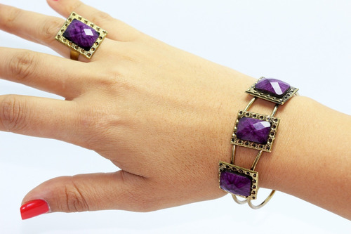 Pulsera Oro Viejo Cuadrado Morado Craquelado Y Anillo Pc231