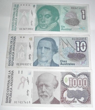 Argentina:lote De 3 Billetes De 1/10/1000 Australes S/c