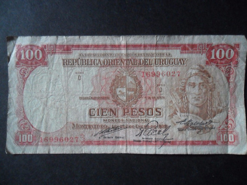 Billete De 100 Pesos Republica Oriental Del Uruguay Año 1967