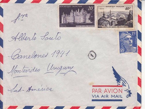 1953 Sobre Avion Con 3 Sellos De Paris Francia A Montevideo