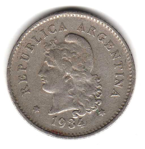Moneda Argentina 10 Centavos 1934 Niquel Mb