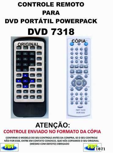 Controle Remoto Para Dvd Portatil Powerpack 7318 // Fbt 1671