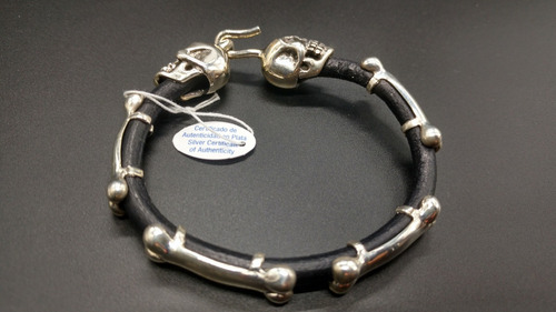 Pulsera Brazalete Calaveras Y Huesos Caucho Y Plata 925