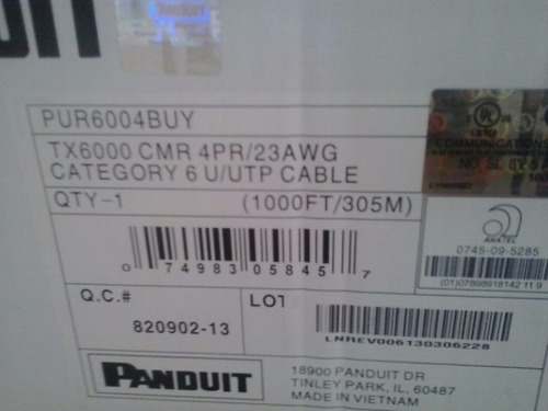 Imagen 2 de 4 de Cable Utp Cat6 Panduit Riser Tx6000 Por Metro