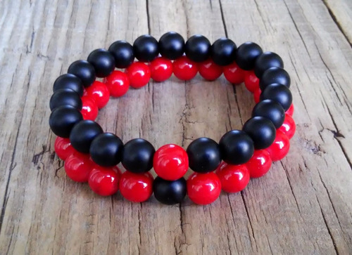 Conjunto Para Parejas Onix Y Coral Rojo 8mm Elasticada