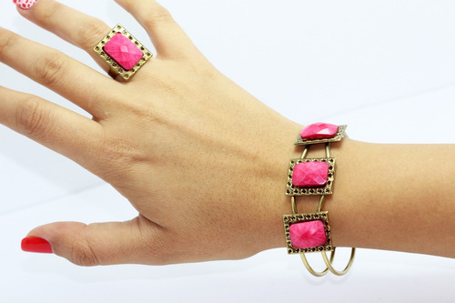 Pulsera Oro Viejo Cuadrado Rosa Craquelado Y Anillo Pc234