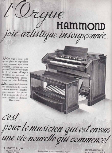 1938 Hoja Publicidad Organos Hammond Musica Francia Vintage