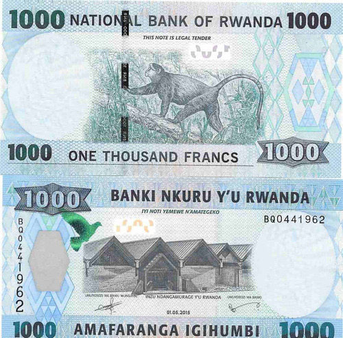 Billete Rwanda 1000 Francos Año 2015 Mono Sin Circular