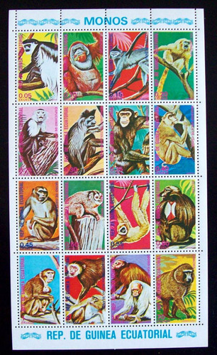 Guinea Ecuatorial, Fauna Monos Bloque 16 Sellos Mint L5686