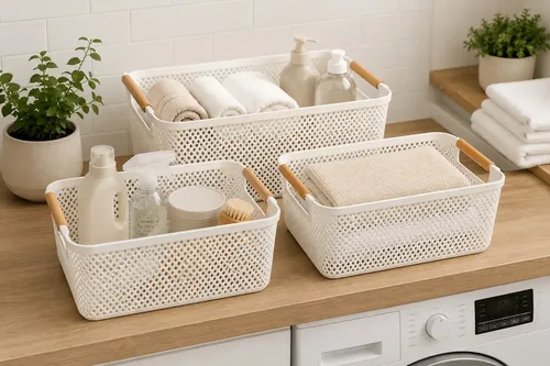 Kit 3 Cesto Organizador Multiuso Alça Madeira 27cm
