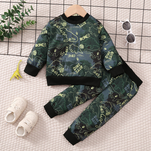 Conjunto De Sudadera Bebé 1-3a Con Estampado De Dinosaurios Verde Oscuro 2-3 Años