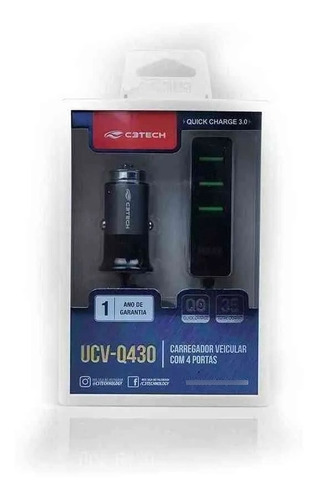 Imagem 2 de 3 de Carregador Veicular Com 4 Usb Quick Charge 3.0 35w C3tech