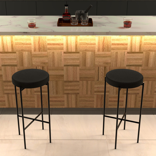 Banqueta Alta Redonda Balcão Cozinha Bar Bistro Kit Com 2 Acabamento Da Estrutura Aço Cor Preto
