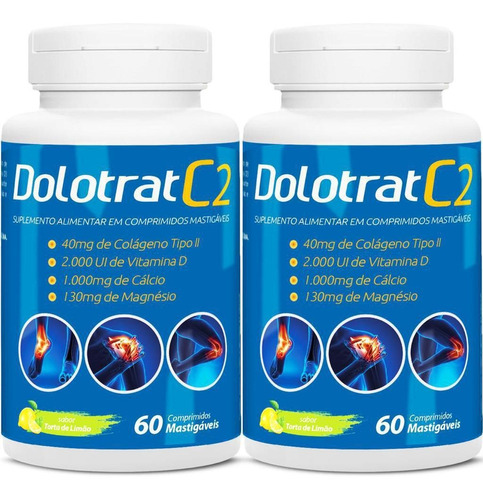 Kit 3x Dolotrat C2 Colágeno Tipo 2 40mg + Vitaminas 60 Caps Sabor Limão