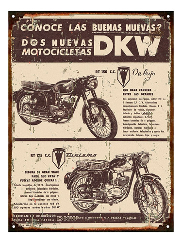 Cartel Chapa Publicidad Antigua 1936 Moto Dkw Rt 250 L295