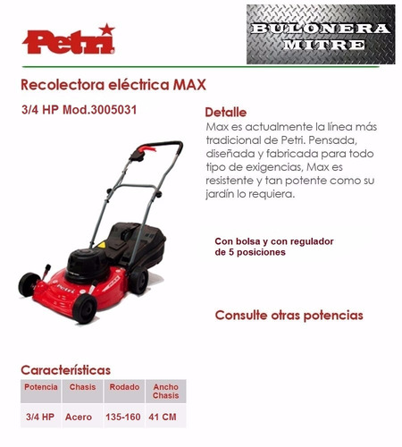 Recolectora De Césped Petri 3/4 Hp C/reg 1300 Watts