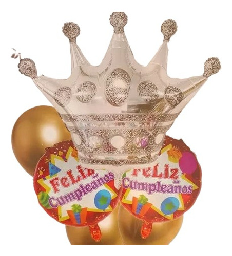 Set 6 Globos Metálicos Helio Y Látex Corona Plata Feliz