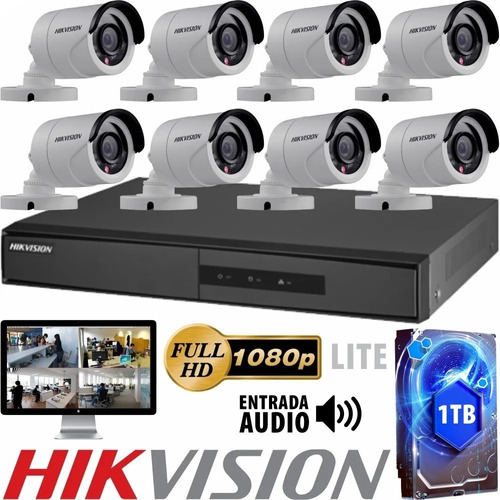 Imagen 1 de 10 de Kit Seguridad Hikvision Full Hd Dvr 8 + Disco 1 Tb Instalado + 8 Camaras Infrarrojas Exterior / Domos Interior + Ip M3k